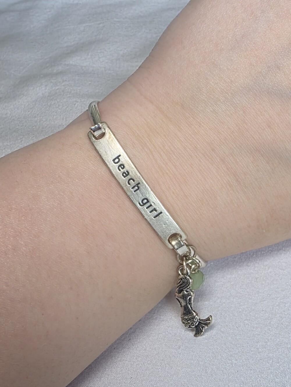 Silver 'Beach Girl' Engraved Bar Bracelet with Mermaid And Green Charm